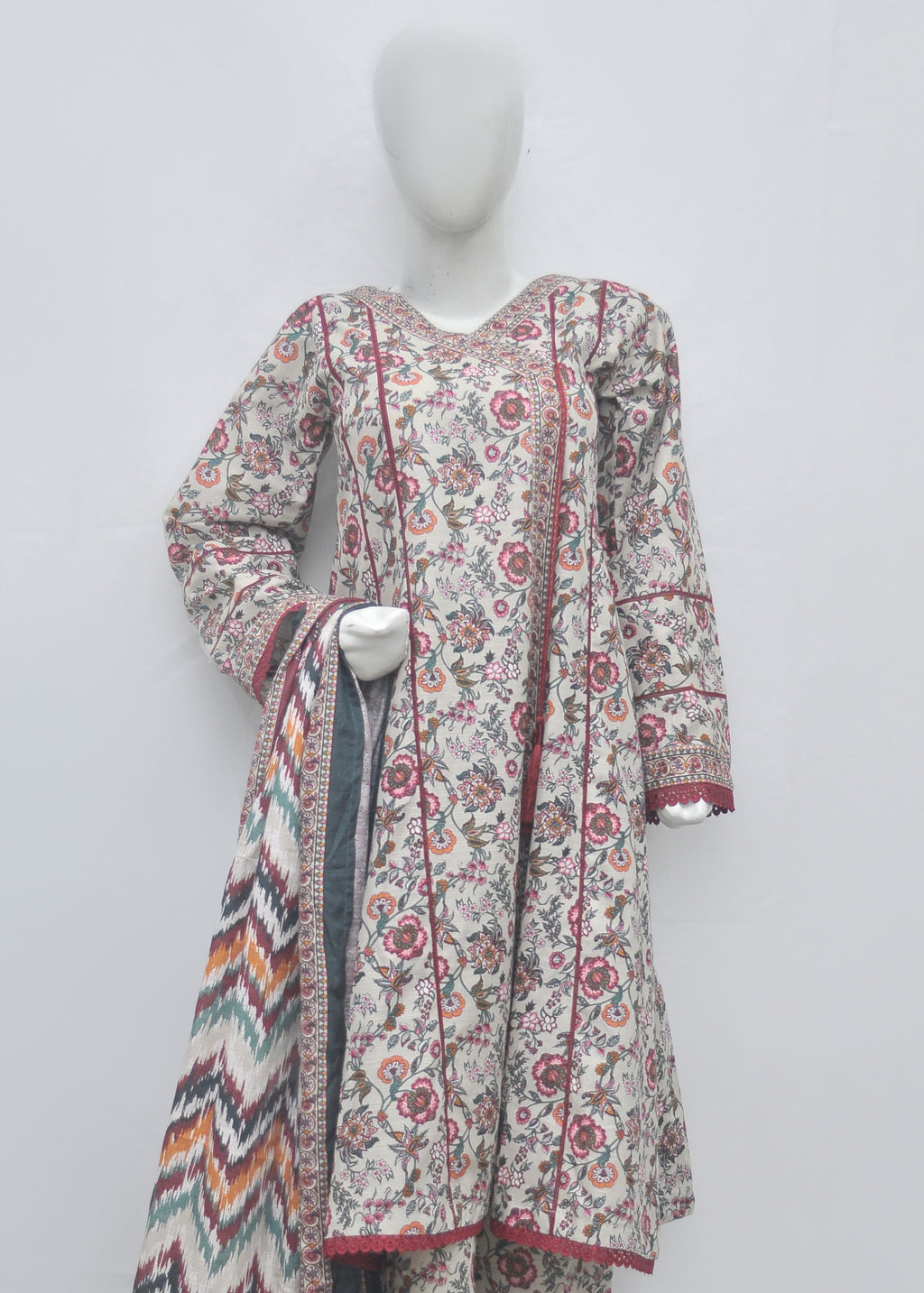 BinSaeed Printed 3pc Angrakha - Khaddar